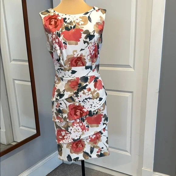 Dress barn, floral, coral, pink, and green on white sheath midi sleeveless dress - Picture 2 of 7